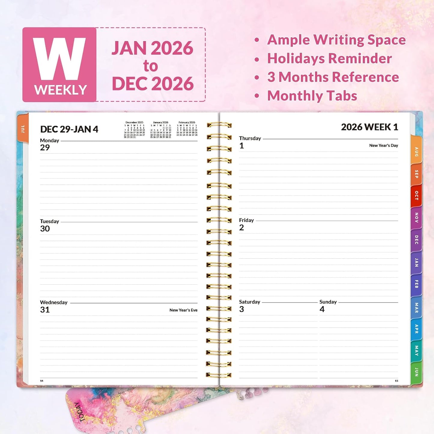 SUNEE 2026 Weekly and Monthly Planner - from January 2025 - December 2025, 6.4" x 8.3" Daily Agenda Planner with Monthly Tab, Flexible Cover, Note Pages, Pockets, Bookmark, Spiral Binding, Marble