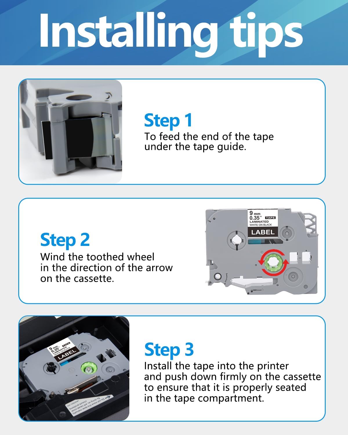Weemay 3 Pack TZe-325 Compatible for Brother P-Touch Label Tape 9mm 0.35 White on Black TZe TZ Tape TZ-325 TZ325 TZe325 3/8 Label for PTouch PTD210 PTD220 PTH110BP PTD410 PTD600 Printer
