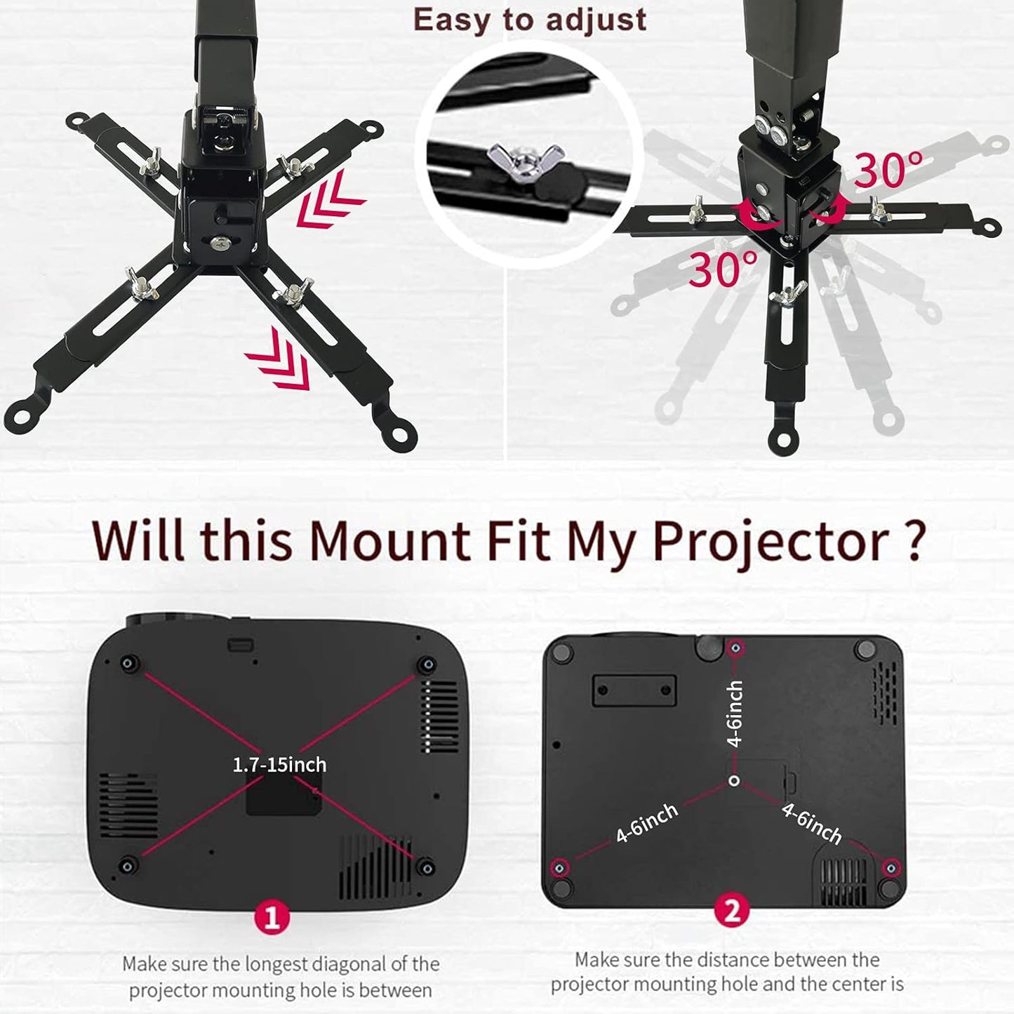Projector Mount Wall or Ceiling Projection Mount Bracket with Adjustable Height and Extendable Arms Mounts for Home and Office Projector