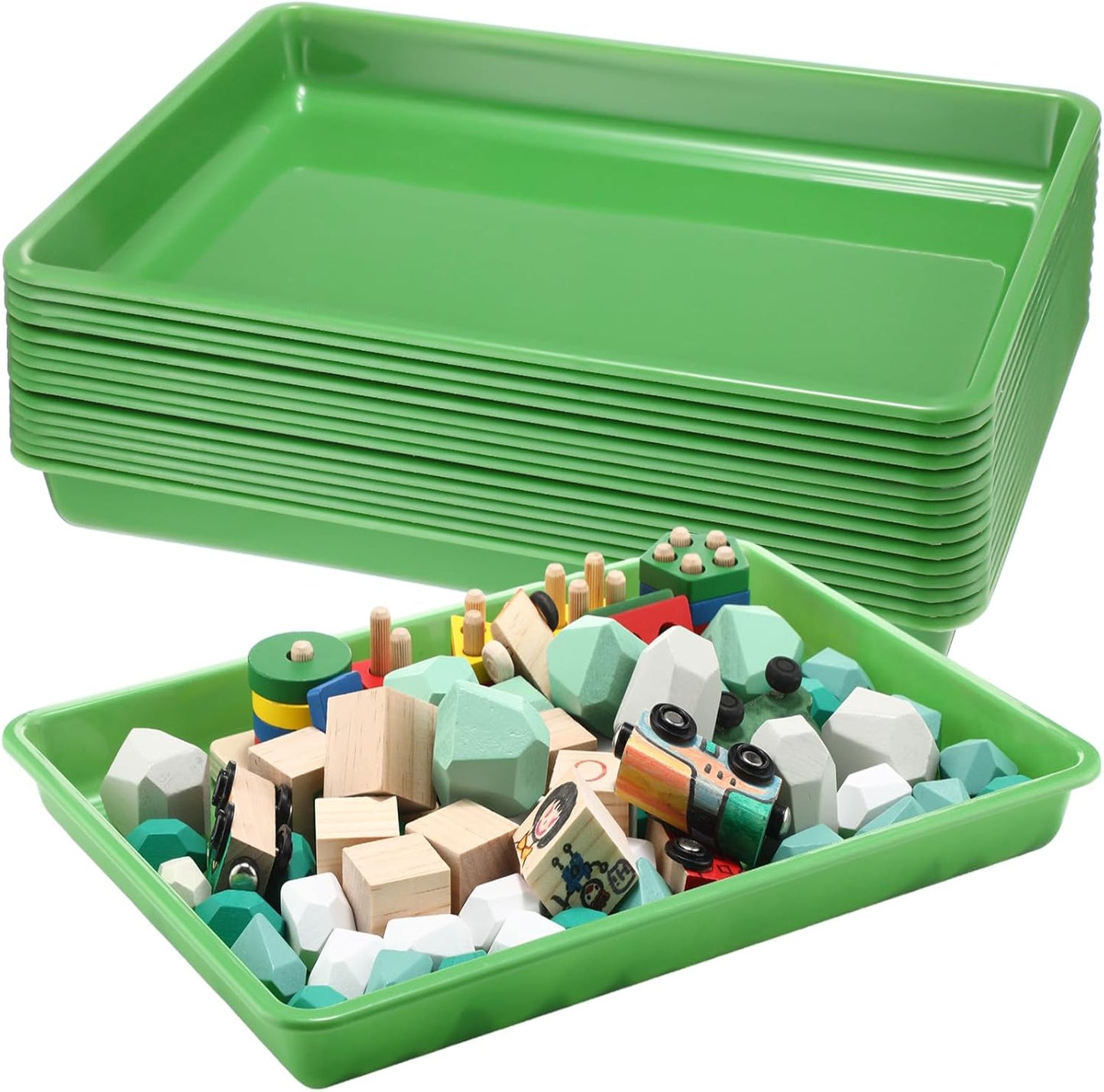 Maitys 15 Pcs Flat Plastic Trays 16.1 x 11.8'' Sensory Storage Tray Paper Stackable Classroom Bins for Office Home Organizer Arts and Crafts Supplies(Green)