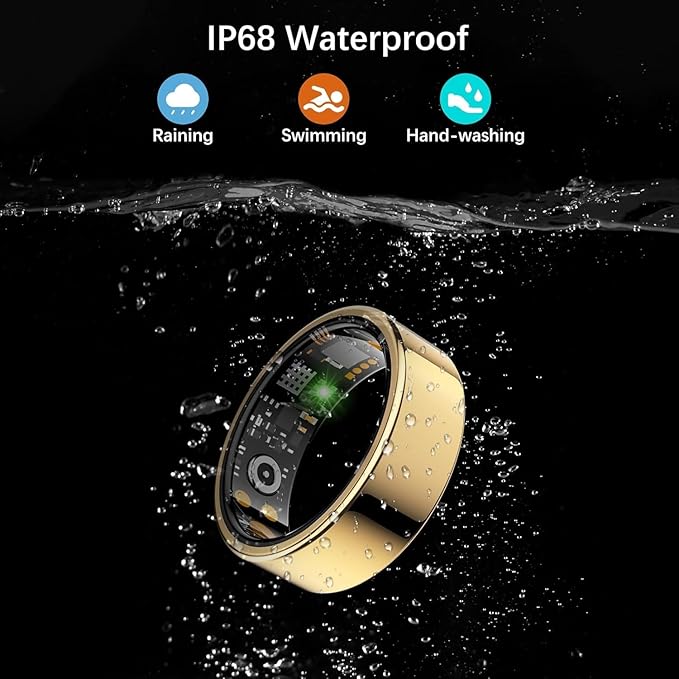 Smart Health Ring for Women Men, Fitness Tracker Ring with Heart Rate, Blood Oxygen, Sleep Tracker, Step Tracker, No Subscription Fee, IP68 Waterproof Smart Ring for iPhone & Android (Gold, 6#)