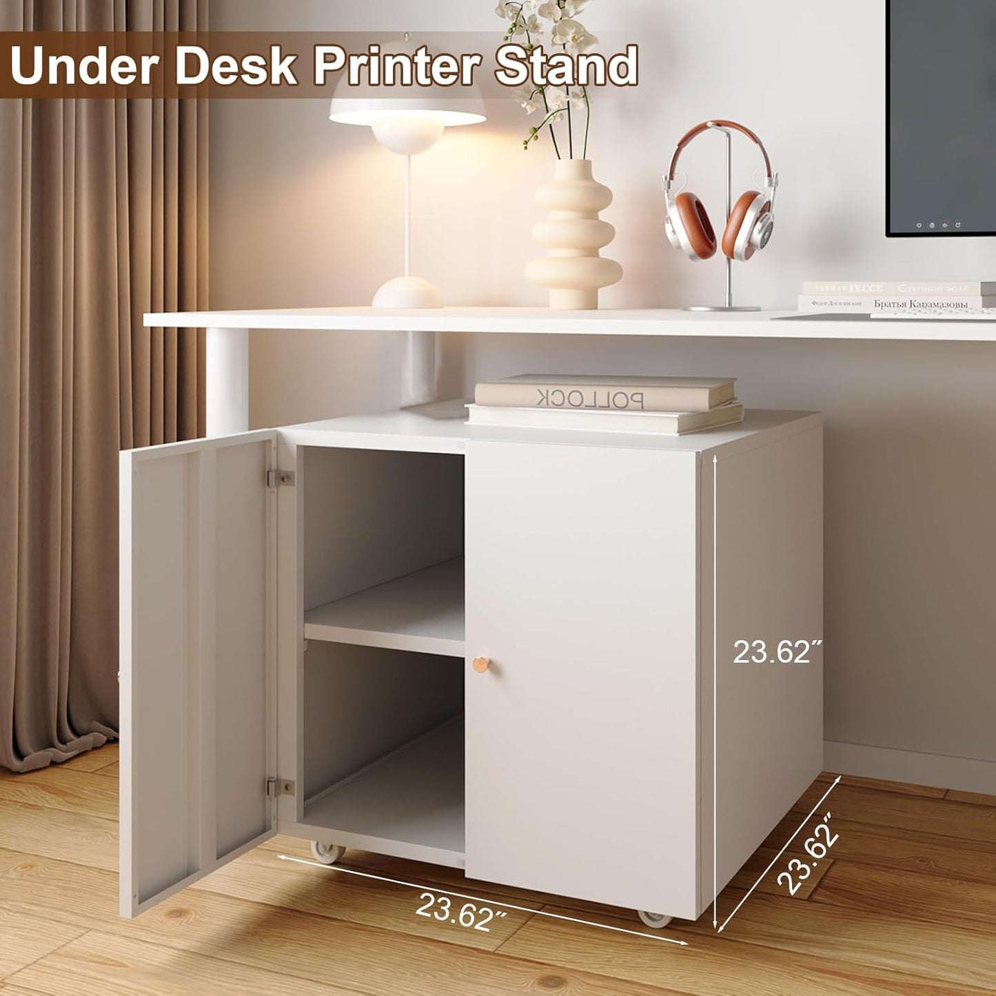 Metal Printer Stand, Large Printer Table with Wheels, Heavy Duty Printer Cabinet Stand, Printer Stand with Storage, Modern Printer Stands for Home Office, Copier, Computer, Fax