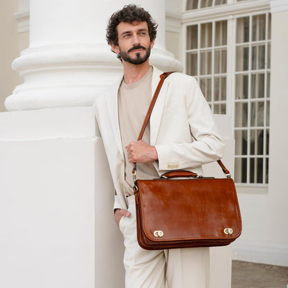 Time Resistance Leather Briefcase for Men - Italian Full Grain Leather Laptop Bag - Messenger Bag - Gift Box Included