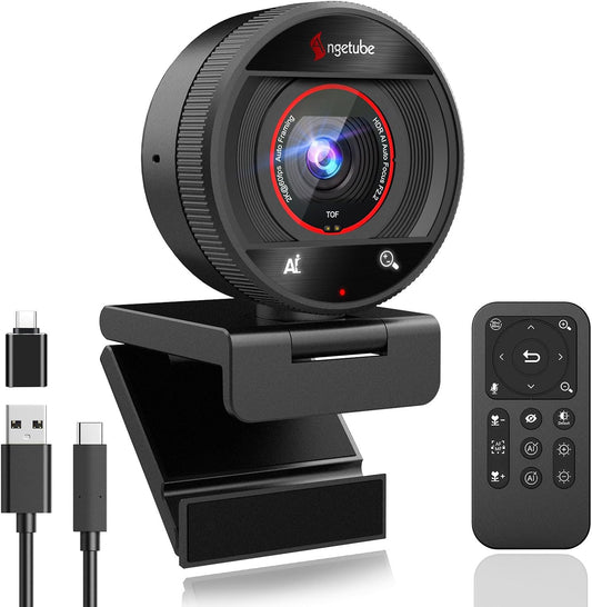 Angetube AI Webcam for PC - 1080p/2K@60FPS HD Web Camera with Remote Control, 8X Digital Zoom Webcam, Privacy Cover, TOF Auto Focus, HDR, USB 3.0 Web Cam Work with Zoom, Skype,Teams, Windows,Mac