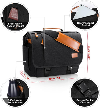 ESTARER Men Messenger Bag 15.6 inch, Water-resistant Canvas Computer Work Bag, Laptop Shoulder Bag Briefcase Satchel, Dark Grey