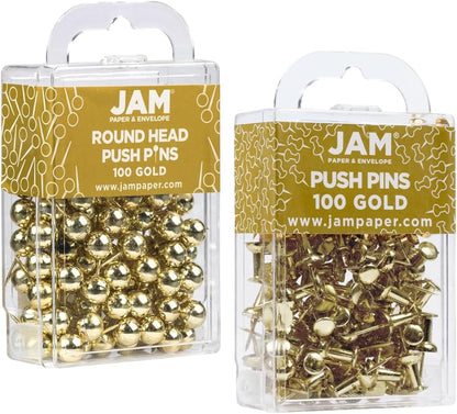 JAM PAPER Colorful Push Pins - Flat & Round Head Thumb Tack Combo Set - Gold Pushpins - 200/Pack