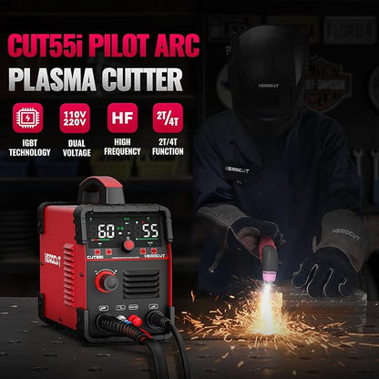 Plasma Cutter, 55Amps HEROCUT Plasma Cutter Machine CUT55i, Non-Touch Pilot Arc, 110/220V Dual Voltage IGBT Inverter, Screen Display, Air Sensor, 1/2'' Clean Cutting Thickness, 2T/4T for Beginners DIY