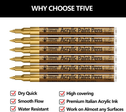 Gold Marker Paint Pens - 6 Pack Acrylic Gold Permanent Marker, 0.7mm Extra Fine Tip Paint Pen for Art projects, Drawing, Rock Painting, Stone, Ceramic, Glass, Wood, Plastic, Metal, Canvas DIY Crafts