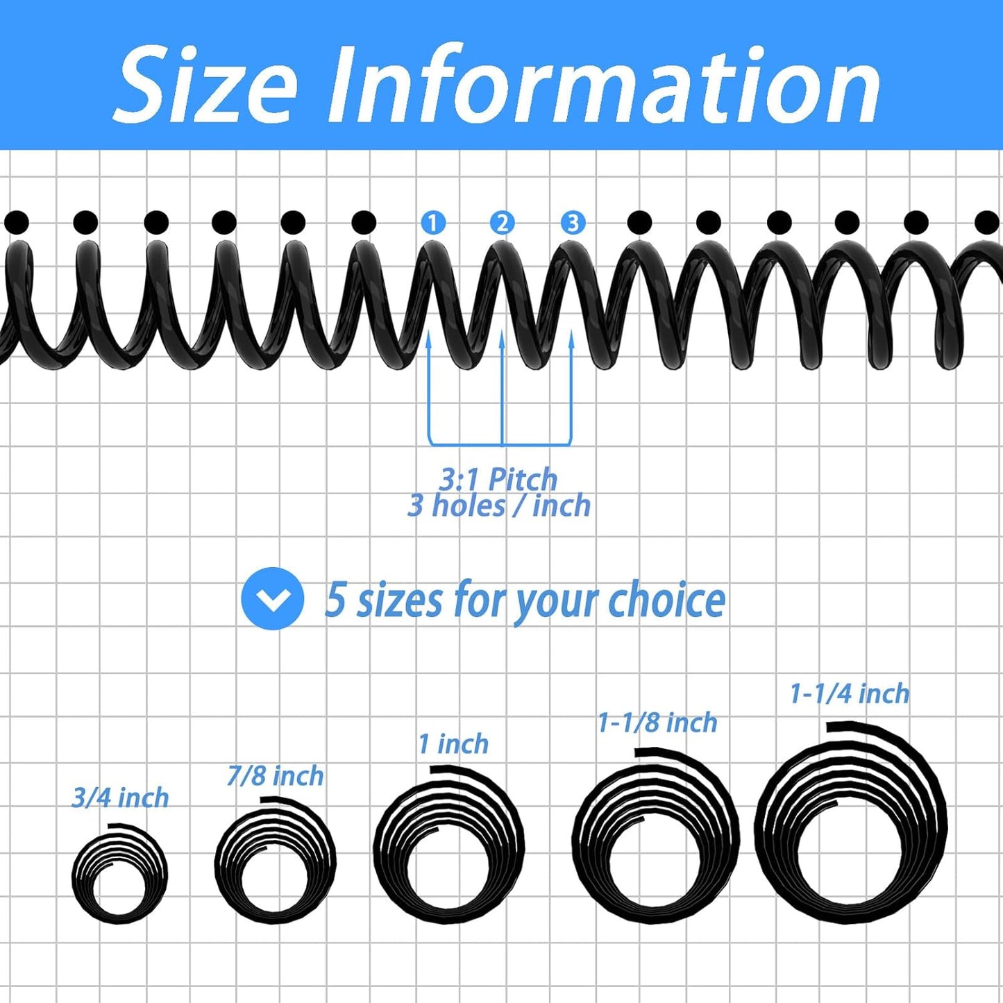 Rayson 31.8mm Plastic Spiral Coil Binding 3:1 Pitch, 1-1/4 inch, 280 Sheets Capacity Black Coil Binding Spines - Versatile for Office and Educational Tasks, Pack of 50