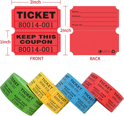 L LIKED 4000 Pairs Double Raffle Tickets - 4 Assorted Colors (Blue, Yellow, Red, Green), 1000 Tickets per Roll for Events, Fundraisers & Parties