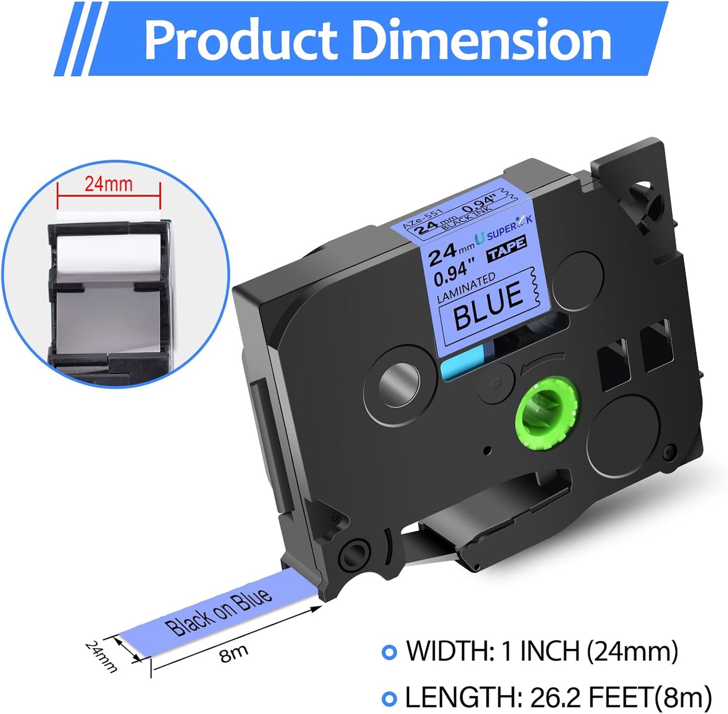 6PK Compatible for Brother P-Touch Label Maker Tape TZe-551 TZ-551 TZe551 TZ551 Black on Blue 24mm 0.94 inch 1'' x 26.2ft Laminated TZe TZ Label Tape for PT-2500PC PT-2600 PT-2610 PT-2700
