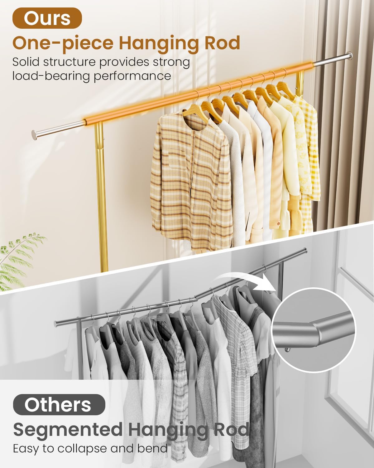 Heavy Duty Clothes Rack, Metal Clothing Rack Load 450 LBS, Rolling Coat Racks for Hanging Clothes with Lockable Wheels, Wardrobe Closet Garment Racks for Bedroom, Gold