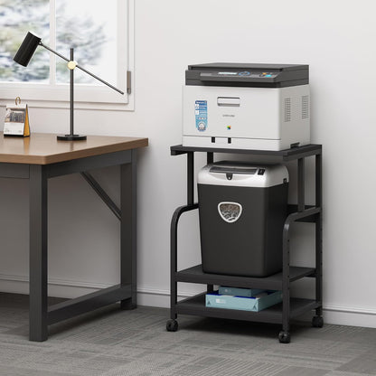 Printer Stand, 3 Tier Printer Table with Height Adjustable Storage Shelf, Rolling Printer Cart with Wheels for Home Office Organization, Black
