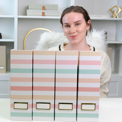 BLU MONACO Set of 4 Foldable Magazine Holders in Pastel Stripes – Sturdy Cardboard Vertical Organizers with Label Holders – Office File Storage Box, Desk Organizer, Paperwork and Document Holder