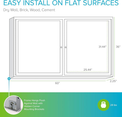 Ghent 36"x60" 2-Door indoor Enclosed Bulletin Board , Shatter Resistant, with Lock, Satin Aluminum Frame - Natural Cork (PA23660K) Made in the USA