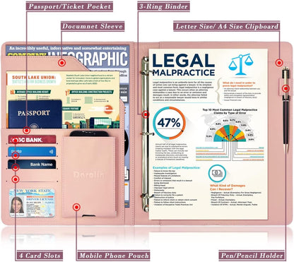 Darolin Business/Resume Portfolio Folder Binder, Padfolio with 3 Ring Binder, Interview/Conference/Legal Document Organizer, Leather Portfolio Padfolio for Women/Men-RG