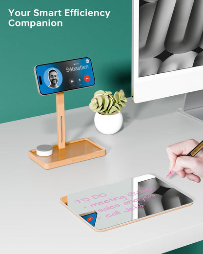 YEOUX Premium Desktop Glass Mirror, Dry Erase Board & Magnetic Phone Stand 3-in-1 | 360° Adjustable | Solid Wood | MagSafe Compatible, Small Whiteboard for Office Home Desk