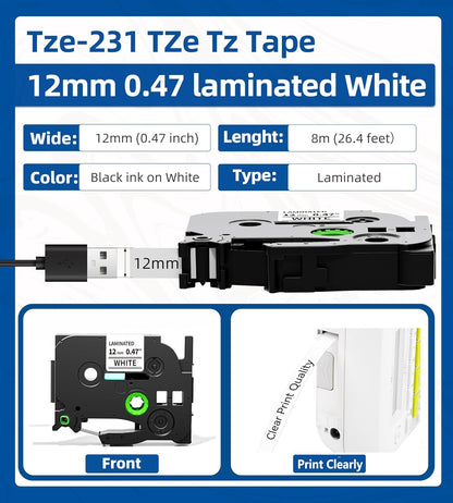 Label Maker Tape, Compatible with Brother P Touch Label Tape, TZe-231 12mm 0.47 Black Ink on White Tze Tz Laminated White Replace for Brother Ptouch PT-D210 PTH110 PTD220 PTD410, 5 pk