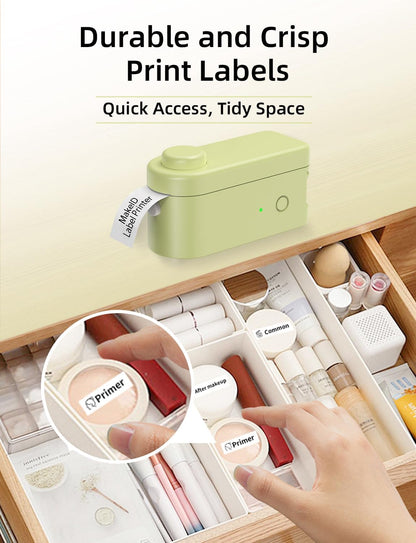 Makeid L1 Label Maker Machine with Tape - Portable & Rechargeable Label Makers Compatible with 9 12 16mm Waterproof Tape - Mini Bluetooth Labeler for Organizing Office Home School (Green Tape)