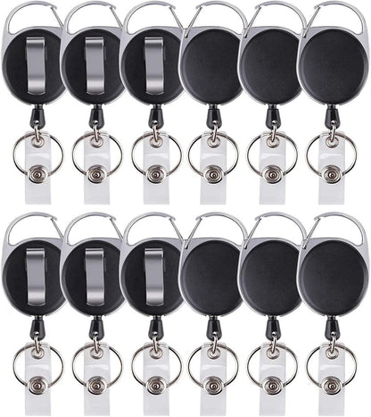 12 Packs Heave Duty Retractable Badge Reels with Carabiner Belt Clip and Key Ring, Badge Holders for ID Card Holders with 26.5 Inch Pull Cord (Black)
