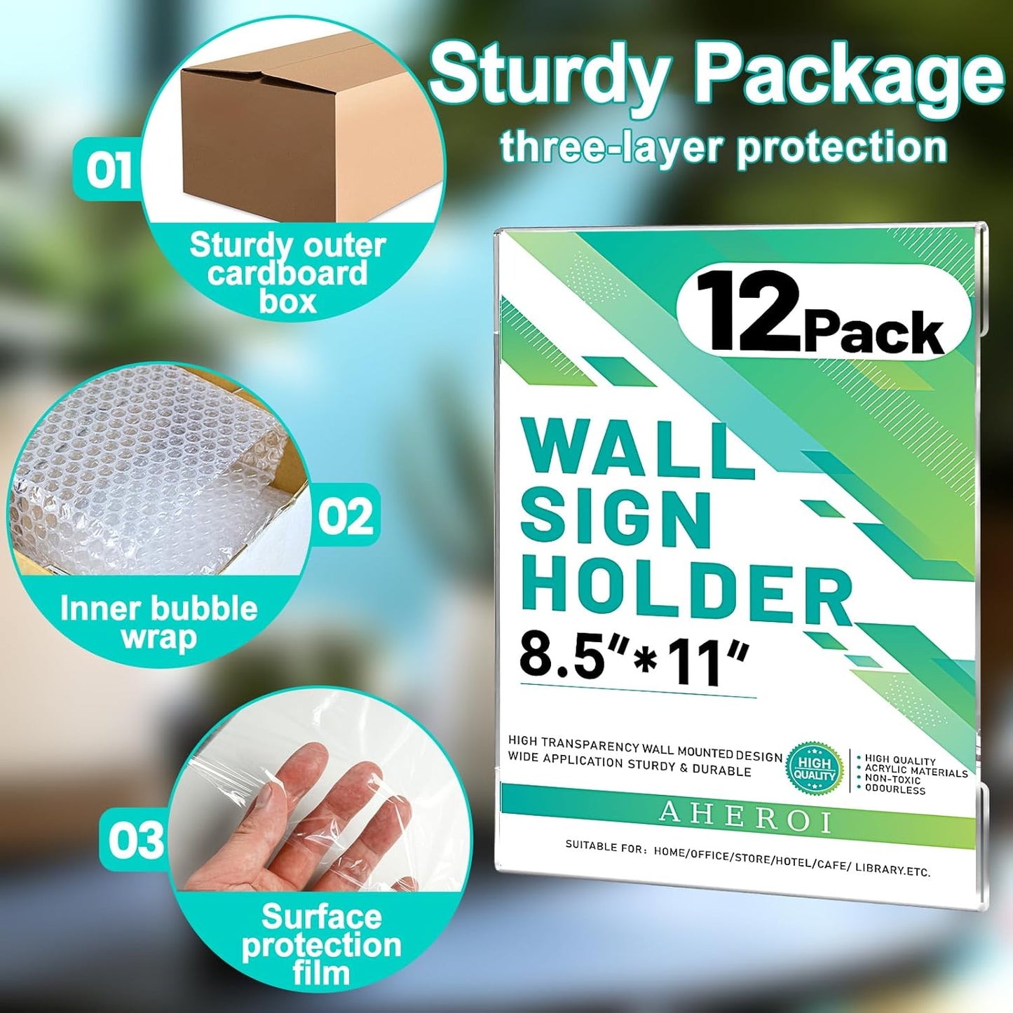 Aheroi Acrylic Sign Holder 8.5 x 11, 12 Pcs Clear Document Frame with Adhesive Tape, No Drilling Plastic Wall Mount 8.5 x 11 Acrylic Hanging Frame Plastic Sign Holder for Office Business Menu Store