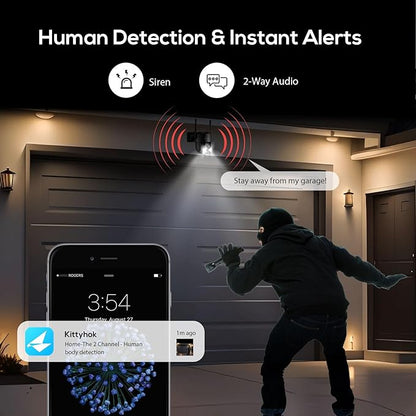 Kittyhok Black Solar Security Cameras Wireless Outdoor System, 5G/2.4G WiFi, 6pcs 2K Ultra Pan/Tilt Home Solar Security Camera with Human Detection, Spotlight, 10CH WiFi-6 NVR, 60 Days Local Storage