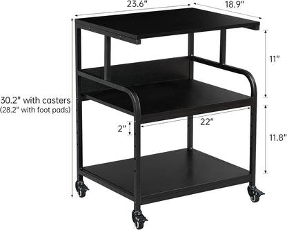 Printer Stand, 23.6 x18.9 x 30 Inches Large Printer Table with Adjustable Storage Shelf, 3 Tier Rolling Printer Cart with Wheels for Home Office, Stand for Heat Press Mini Fridge, Black