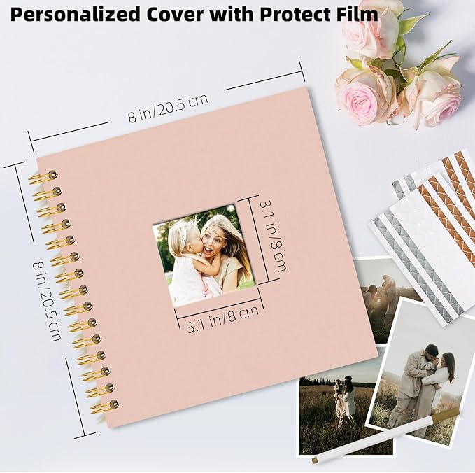 Vienrose 8 x 8 Inch Scrapbook Photo Album, Linen Hardcover Photo Book with 40 White Pages, DIY Memory Book Kit with Accessories for Wedding, Baby Shower, Travel, Christmas (Pink, 20 Sheets)