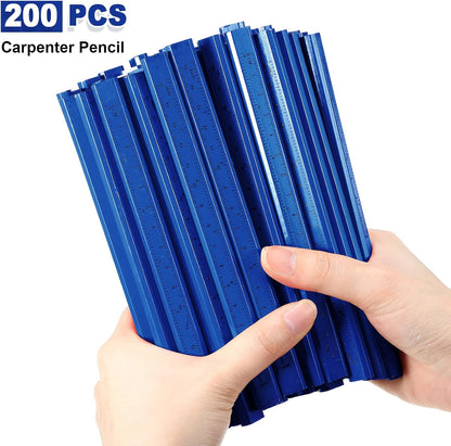 Honoson 200 Pcs Flat Construction Pencils with Printed Ruler Wood Graphite 2 Pcs Carpenter Pencil Sharpener for Woodworking Marking Tool(Blue)