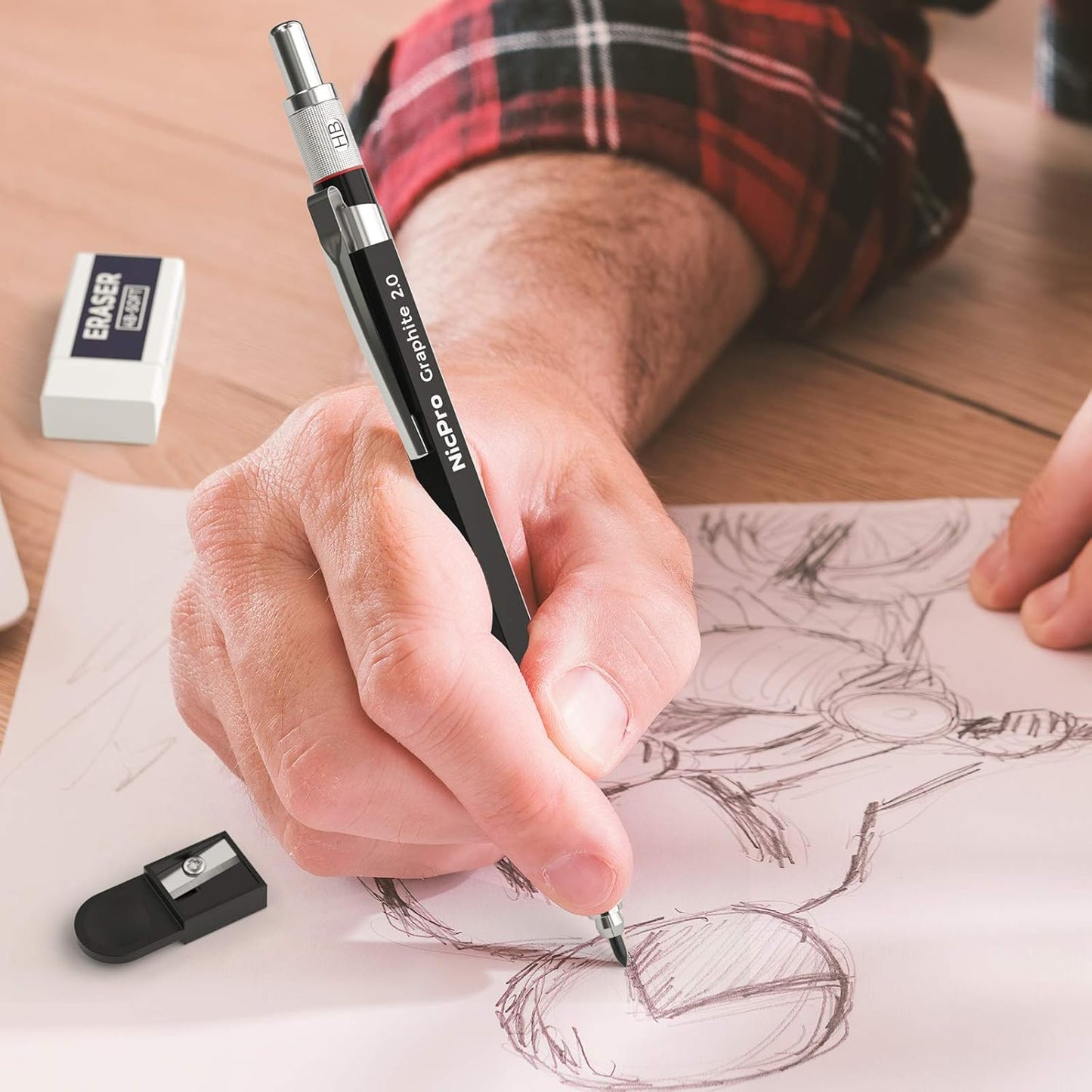 Nicpro 2mm Metal Mechanical Pencil Set, 2PCS Lead Holder 2.0 mm Marker Artist Carpenter Pencils with 120 Graphite Lead Refill (HB 2H 4H 2B 4B & Color), 2 Eraser for Drafting, Drawing Writing Sketching