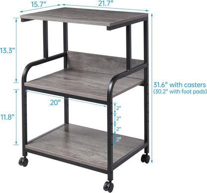 Printer Stand with Height Adjustable Storage Shelf, 3 Tier Mobile Printer Table with Wheels, Rolling Printer Cart for Home Office Organization, Gray