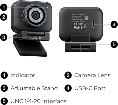 YOLOLIV YoloCam S3, 4K Streaming Webcam,1/1.3" Sensor, PDAF Autofocus, Uncompressed 4K, 4X Zoom, for Creators, Streamers, Podcasters, Meetings, Video Calls(for Mac/PC)