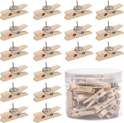 50Pcs Wooden Clips Push Pins Tacks for Cork Board Artwork for Crafts Arts Projects Photo Supplies(Wood Color)