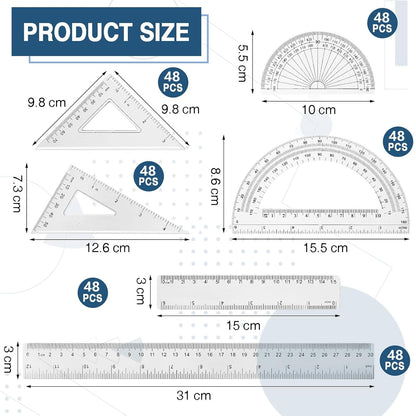 Tenare 288 Pcs Plastic Clear Math Set Includes Protractor Triangle Rulers 12 Inch 6 Inch Straight Geometry Math Transparent Ruler Measuring Tool for School Office Home Supplies