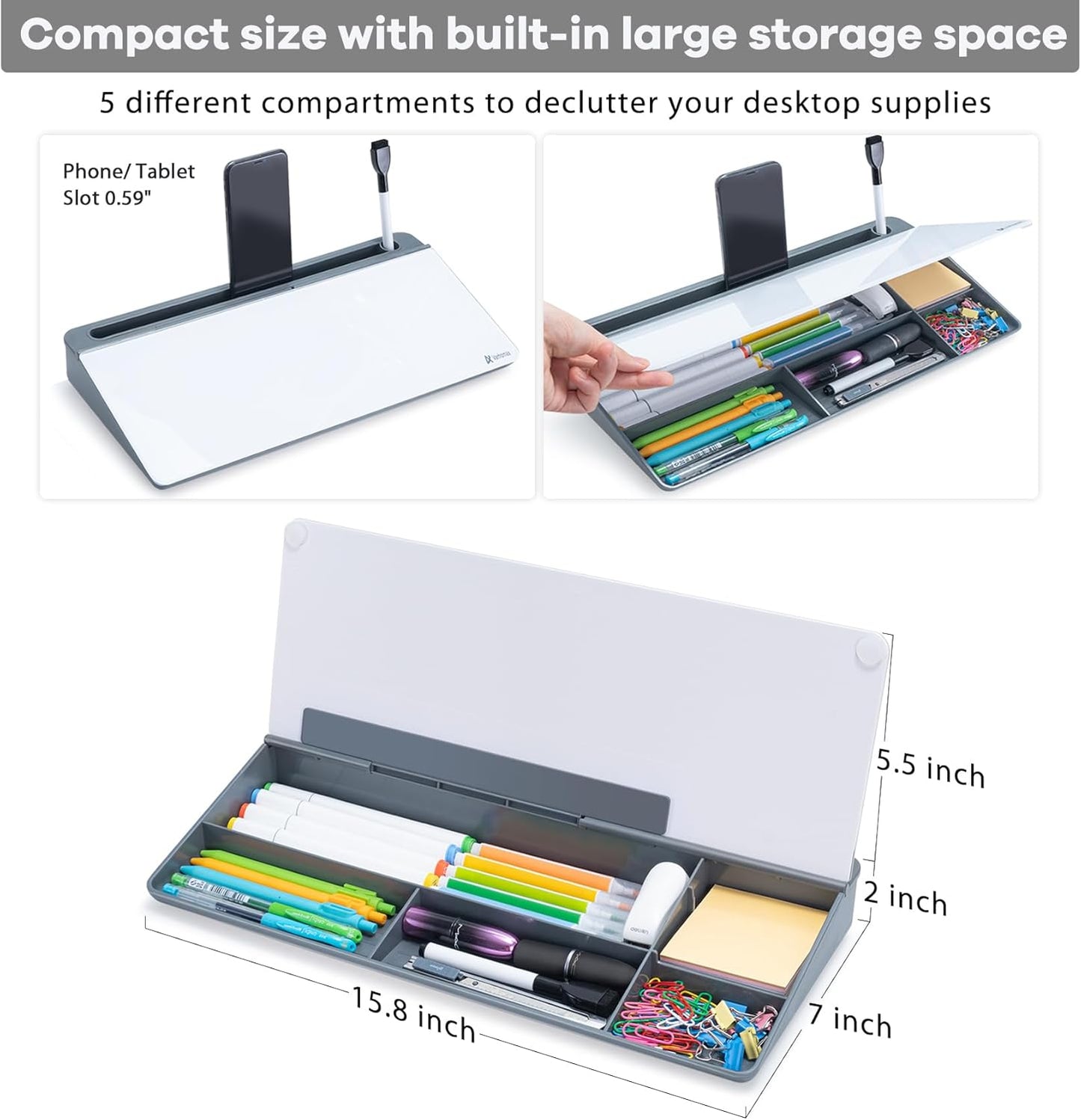 Varhomax Glass Desk Whiteboard with Storage, Desktop Organizer to-do List Memo Notepad Dry Erase White Board for Home Office and School Supplies (Gray)