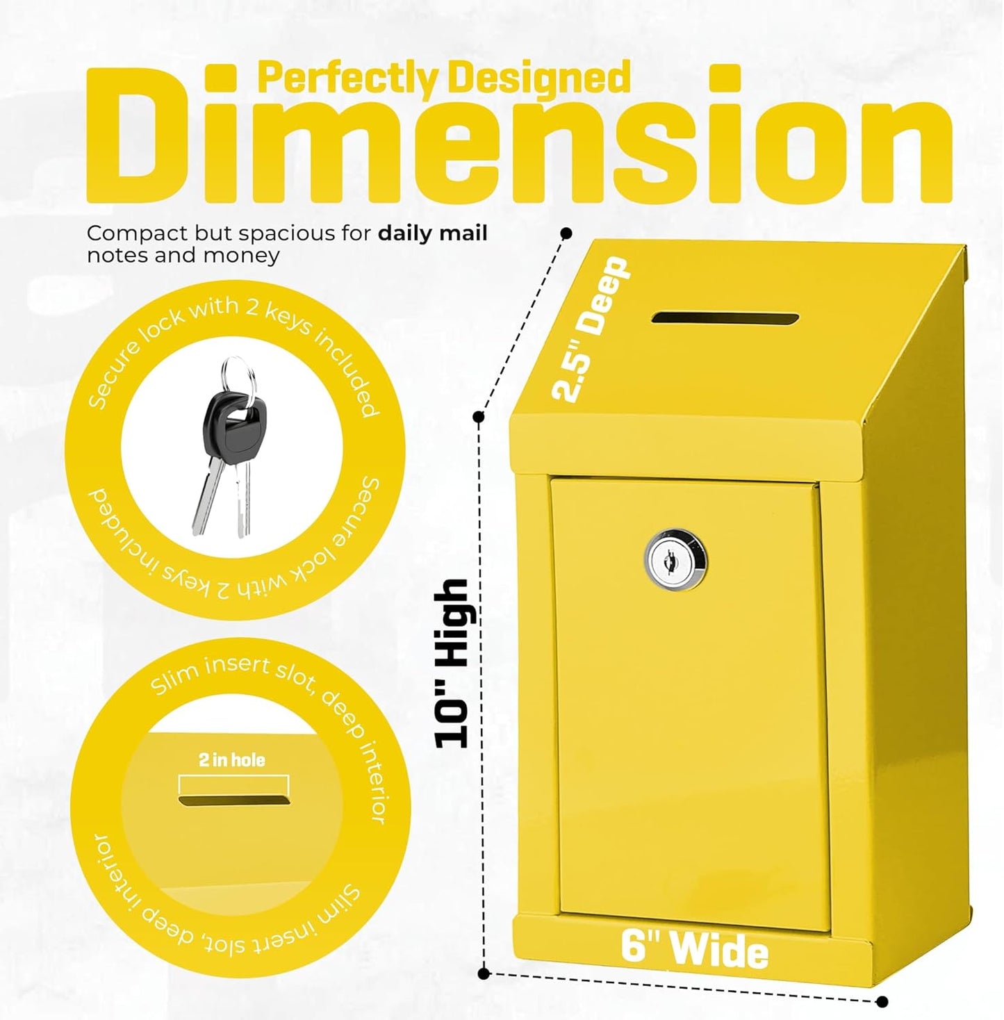 Metal Donation Box-Suggestion Box with Slot and lock-Cash Lock box for Money-Secure Drop Box-Comment and ballot voting box-comes with pre-drilled holes for easy wall mounting 10 X 6 X 2.5"(Yellow)