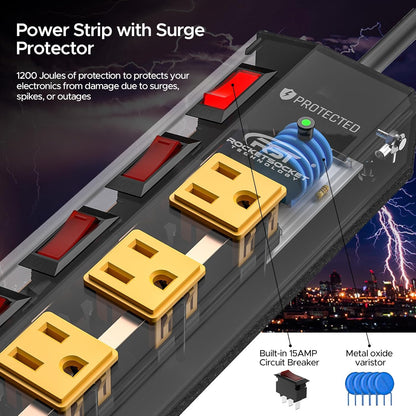 CRST 8 Outlet Heavy Duty Power Strip with Individual Switches, 15A/1875W Metal Power Strip Surge Protector with Circuit Breaker (1200 Joules), 6 FT 14AWG Extension Cord and Mounting Bracket