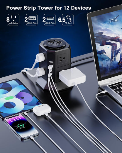 Surge Protector Power Strip Tower with 8 AC Outlets 4 USB Ports(2 Type C), 6.5 FT Ultra Flat Extension Cord, Flat Plug Power Strips Tower with Surge Protection for Home, Office, Dorm