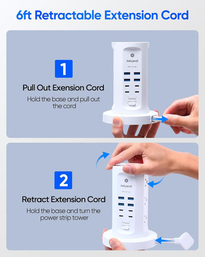 Power Strip Tower, kakyanill Surge Protector Tower 9 AC Outlets 8 USB (4 USB C), 6 Ft Retractable Extension Cord, Charging Station for Office Dorm Room, White