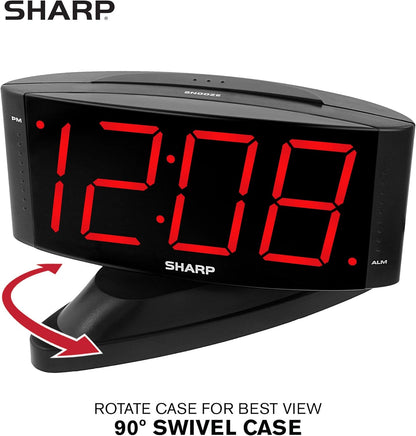 Sharp Home LED Digital Alarm Clock – Swivel Base - Outlet Powered, Simple Operation, Alarm, Snooze, Brightness Dimmer, Big Green Digit Display, (Midnight Black -Red LED)
