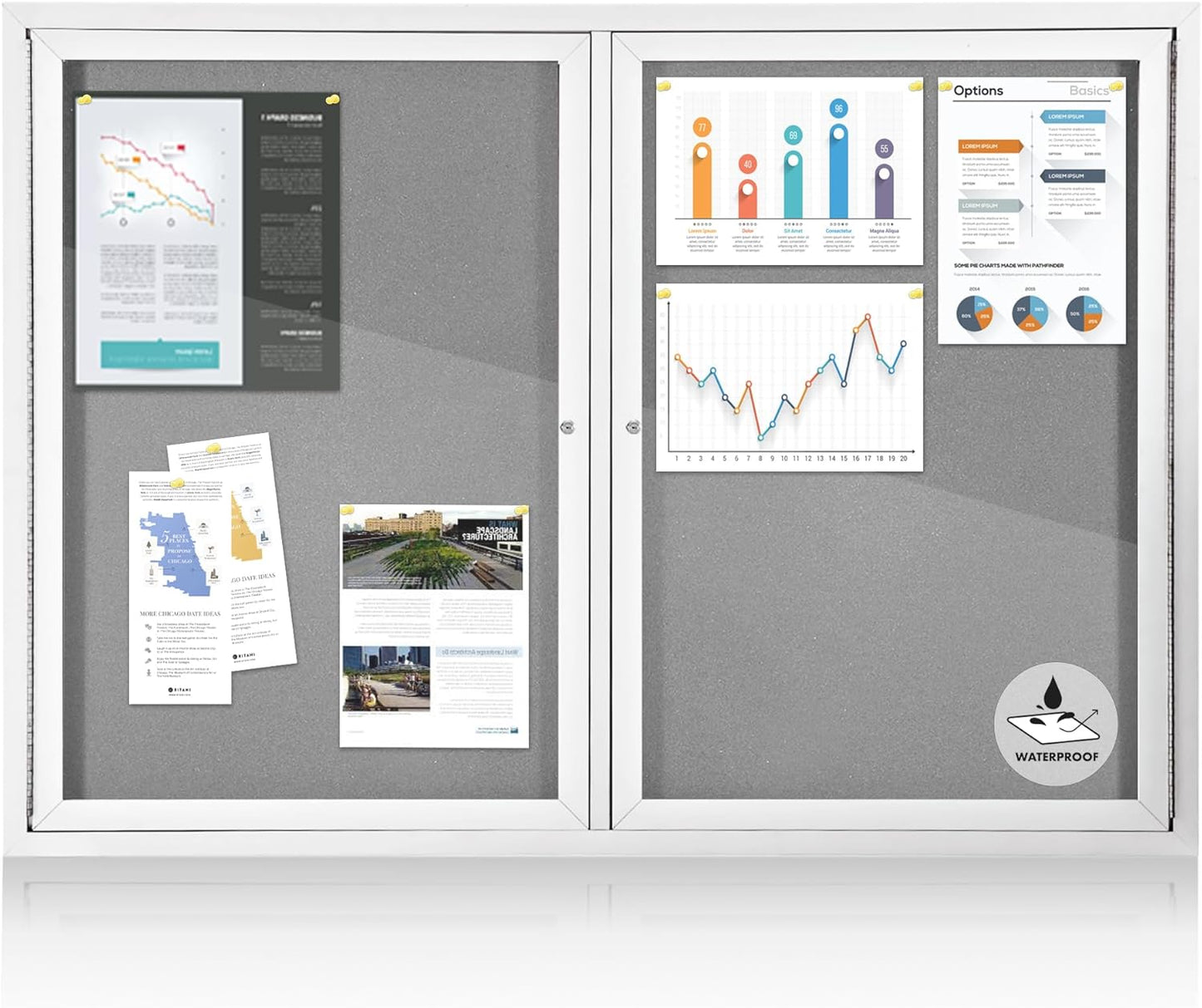 Outdoor Bulletin Board Weatherproof 48x36 in,Enclosed Bulletin Board with Locking Door, Wall Display Case for Office School Home Commercial, Silver Aluminum Frame, Gery Felt