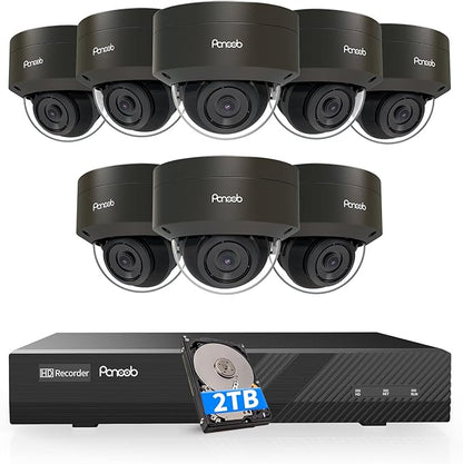 Security Camera System PoE, 8PCS 5MP Wired IP IK10 Vandal-Proof PoE Dome Camera, AI Human Detection, Remote Access, 100ft IR Night Vision Built-in Mic, 4K 8CH NVR 2TB HDD, PD54B0808-5M