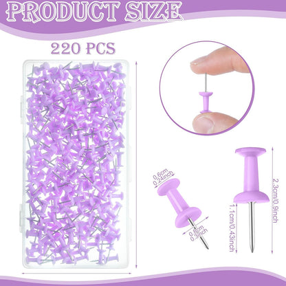 220 Count Purple Push Pins Standard Plastic Head Steel Point Thumb Tacks Decorative Push Pins for Cork Board Wall Hanging Bulletin Board