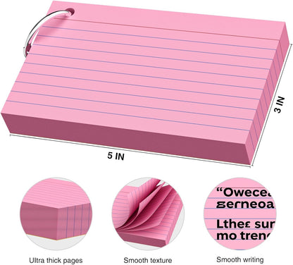 250 Count Pink Index Cards 3x5 Inch with Key Ring, Color Flash Index Card (50 Sheets Each), Durable & Portable Note Taking for Students, Teachers, Study Note Cards for Office Home School