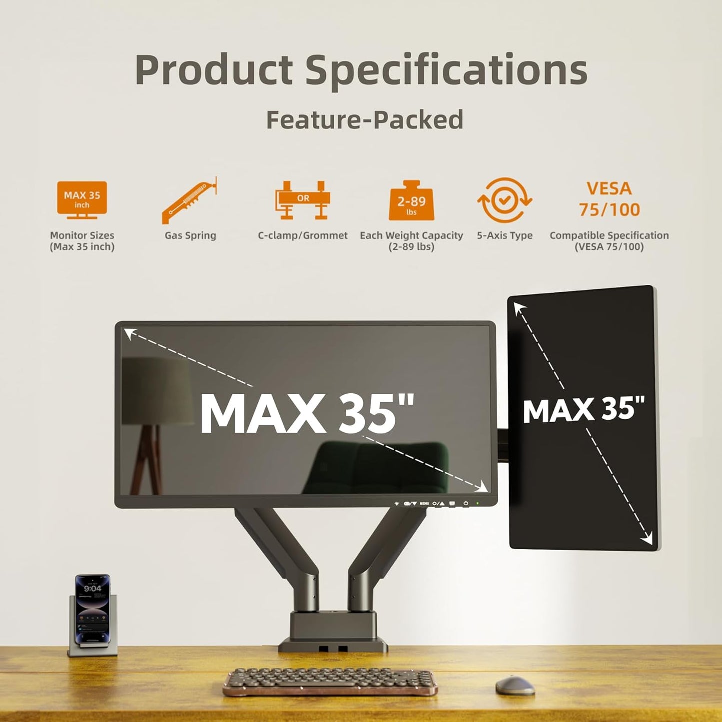 Claiks Dual Monitor Mount for Max 35 inch Screens Stand up to Max 89 lbs, Ergonomic Gas Spring Heavy-Duty Adjustable Monitor Arm, with Clamp and Grommet Base, VESA Mounting Holes 75&100mm, Black