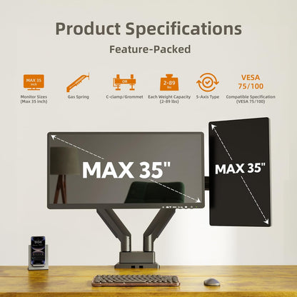 Claiks Dual Monitor Mount for Max 35 inch Screens Stand up to Max 89 lbs, Ergonomic Gas Spring Heavy-Duty Adjustable Monitor Arm, with Clamp and Grommet Base, VESA Mounting Holes 75&100mm, Black