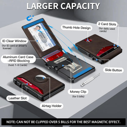 Airtag Wallet for Men, Mens Smart Wallet for Air Tag RFID Blocking, Minimalist Bifold Pop Up Aluminum Credit Card Case Holder 12+ Cards with ID Window, Gift for Men, No Airtag Included, Coffee Brown