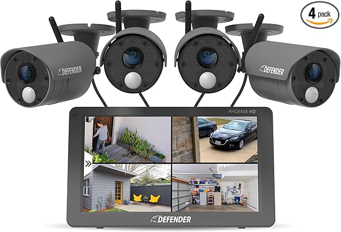 Defender PhoenixHD Wireless Security Camera System with 10.1” Touchscreen Monitor, 4 Outdoor 1080P HD Night Vision Cameras, Plug & Play Home Security System, Two Way Talk, No WiFi Required