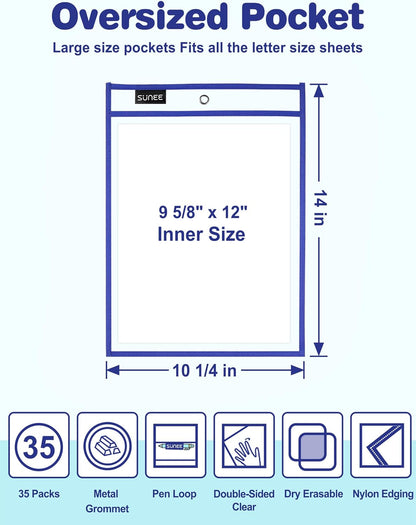 SUNEE 35 Packs Oversized Reusable Dry Erase Pocket Sleeves with 2 Rings, 10 Assorted Colors 10x14 Ticket Holders, Clear Plastic Sheet Protectors, Teacher School Classroom Supplies