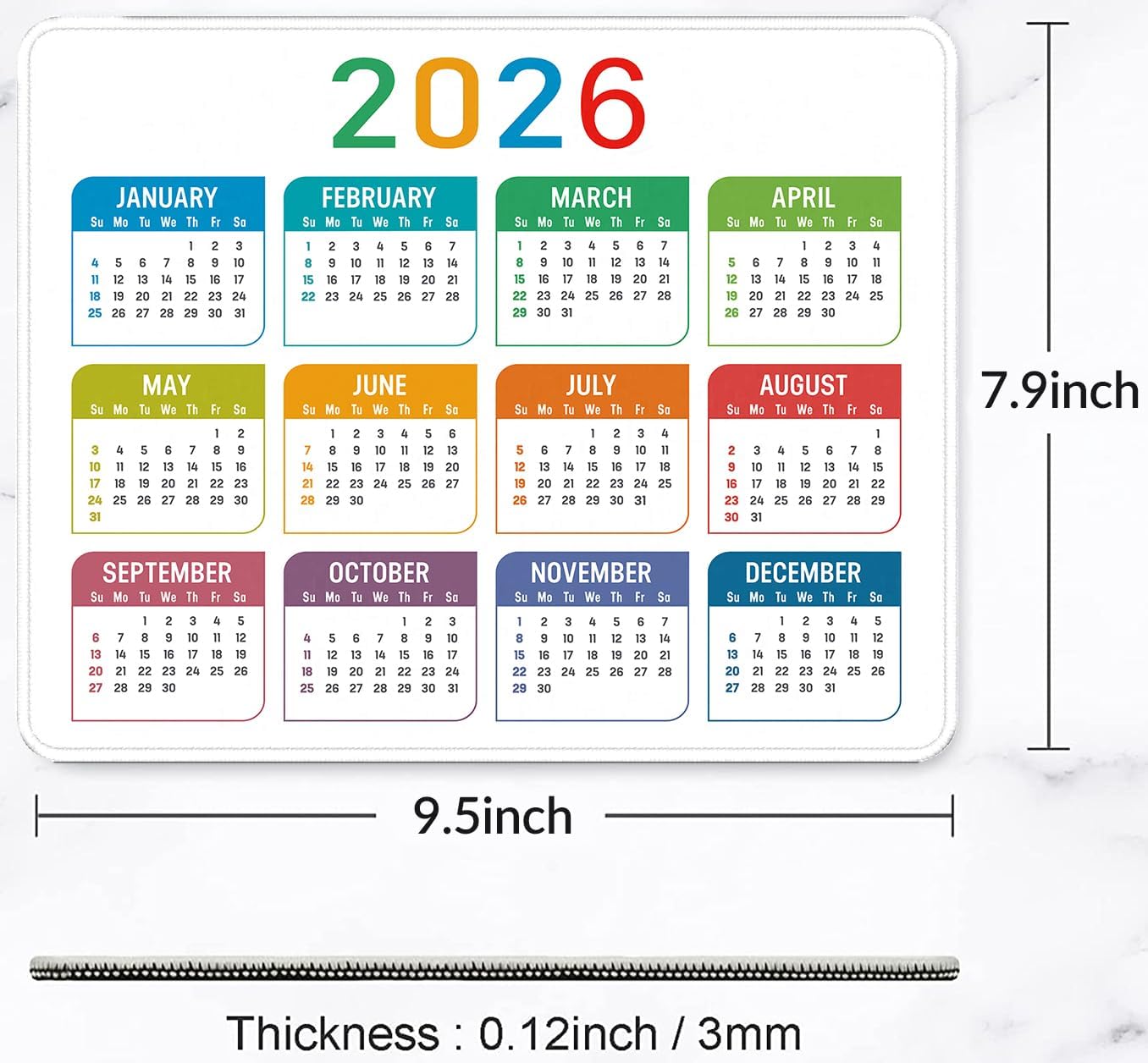2026 Calendar Mouse pad, Gaming Stitched Edge Computer Accessory Mouse Pad, Rectangular Anti Slip Chloroprene Rubber Mouse Pad for Office and Home Use (White Calendar Mouse Pad)